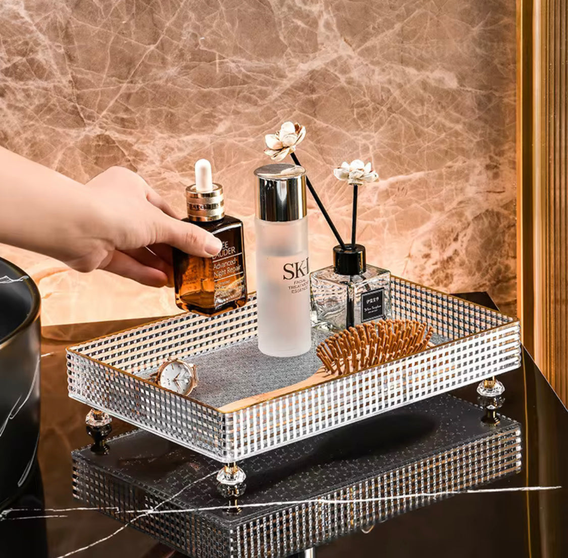 Multipurpose Transparent cosmetics storage Tray, Perfume And Cosmetic Organization Rack, Dressing Table Storage Holder Multipurpose Transparent cosmetics storage Tray, Perfume And Cosmetic Organization Rack, Dressing Table Storage Holder